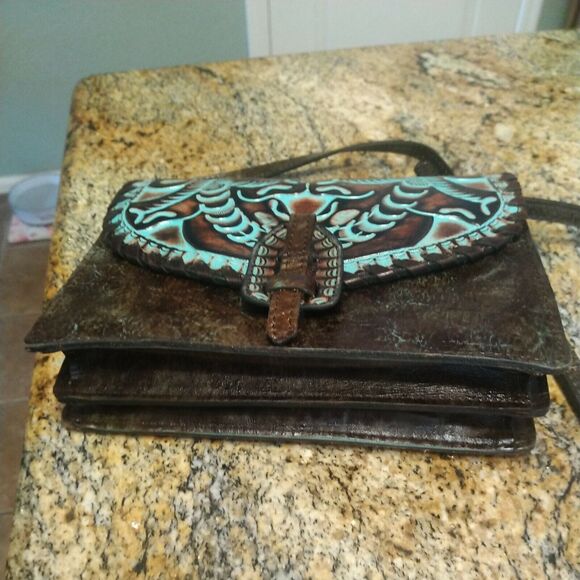 Patricia Nash tooled turquoise and brown Poppy Leather Crossbody Purse $250 EUC - Picture 9 of 12